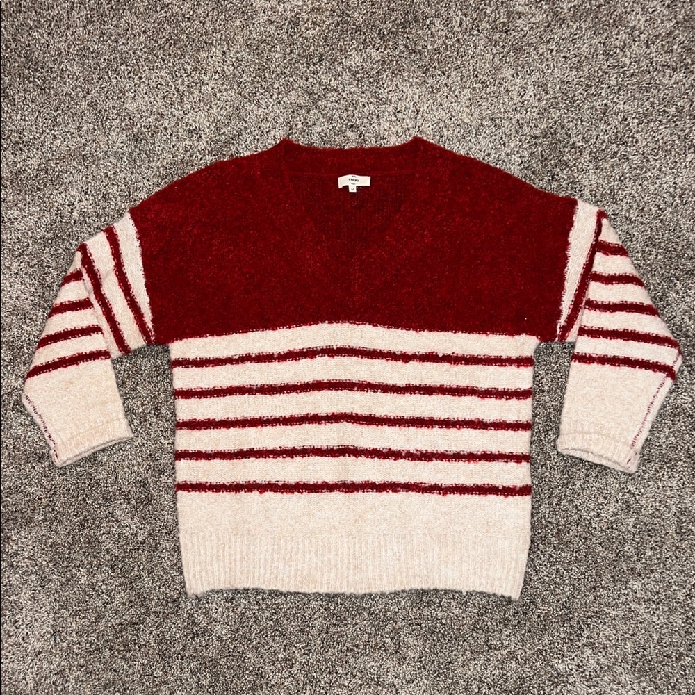 Women’s Entro Red and Cream Striped V-Neck Sweater - Picture 1 of 3